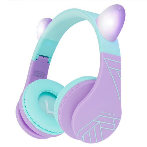 Căști Bluetooth PowerLocus P1 pentru copii (Verde/Violet cu Urechi)
