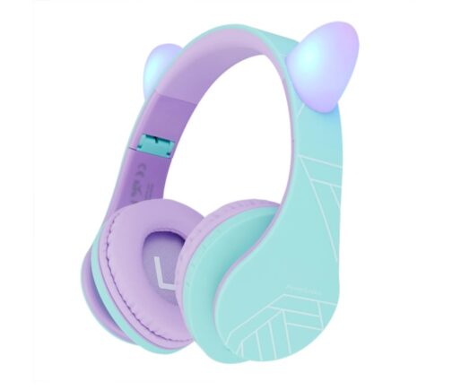 Căști Audio Wireless pentru Copii cu urechi, PowerLocus P2 (Verde/Violet)